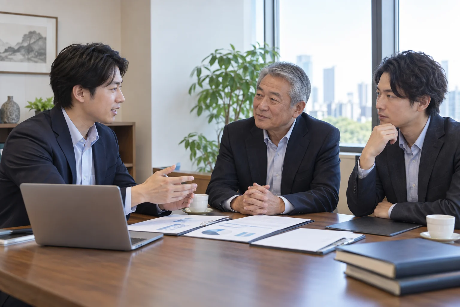 経営者と後継者が会計の専門家に相談する場面