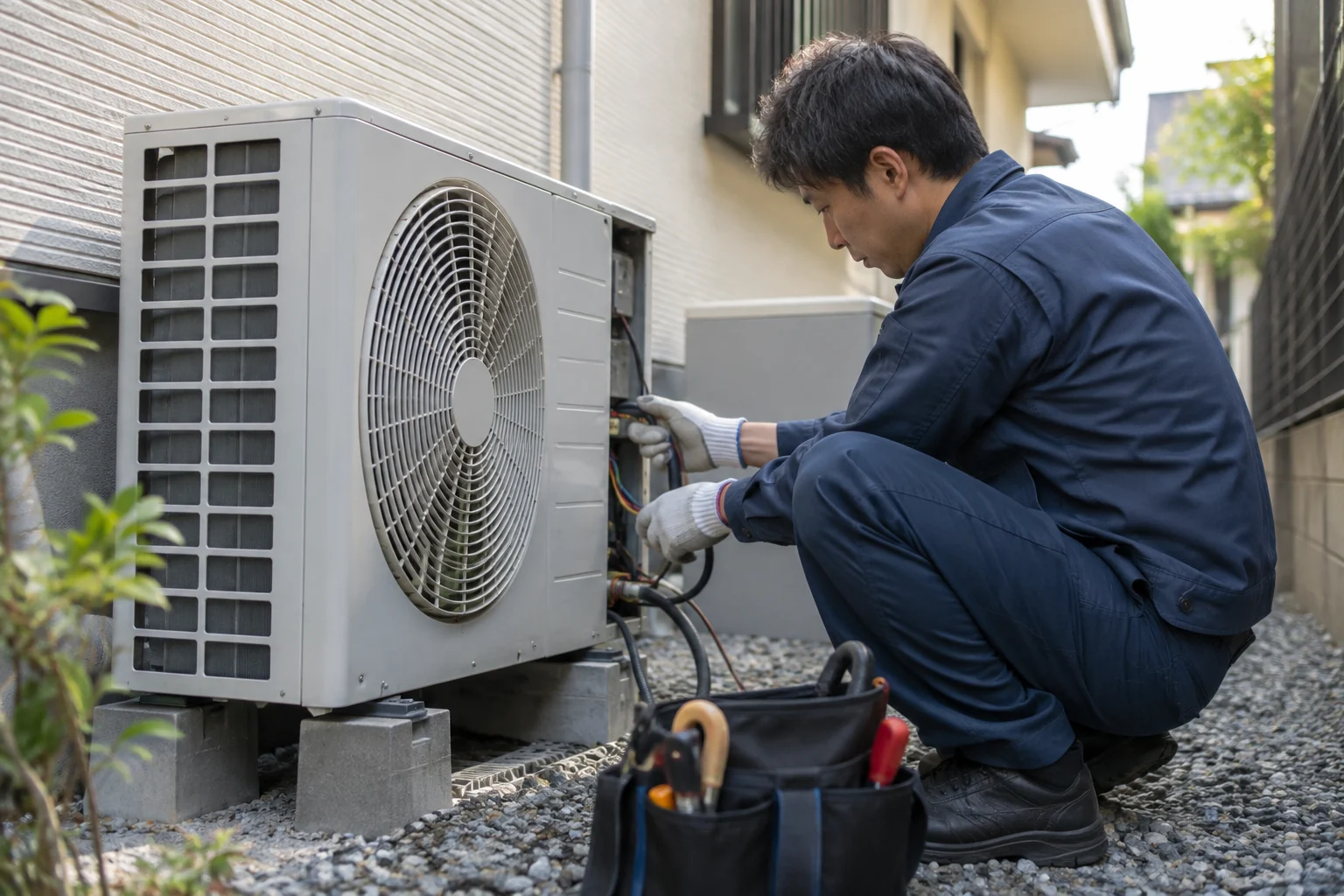 屋外の空調機器を点検する設備担当者