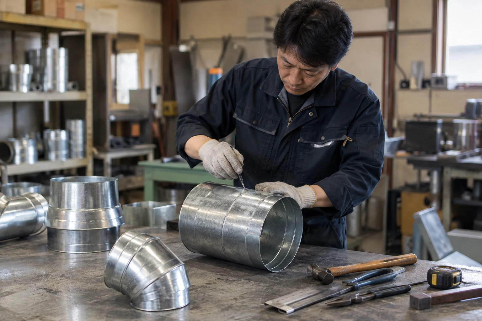 工具とダクト部品を整える作業場