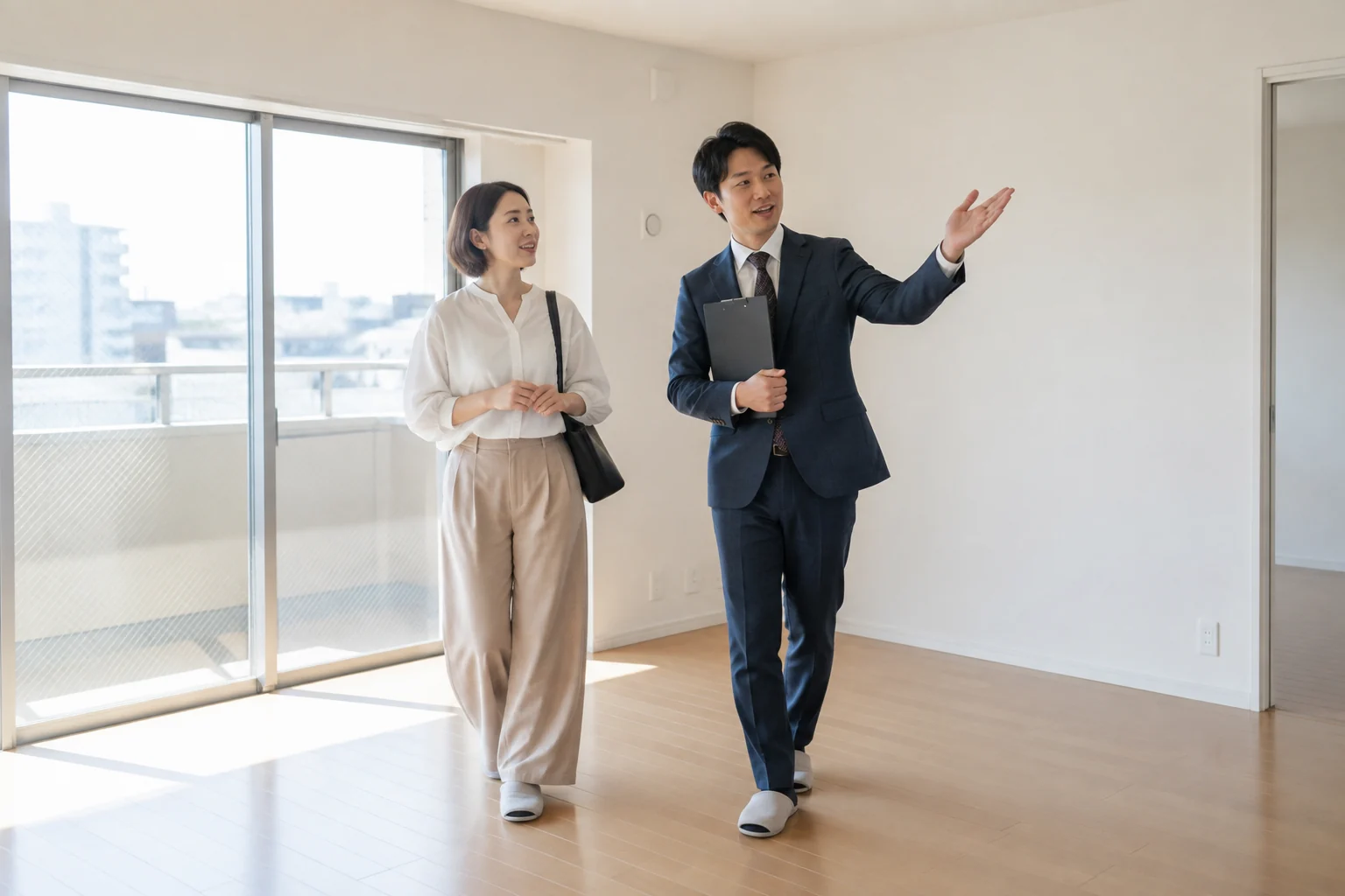 空き物件を見学する担当者と利用者
