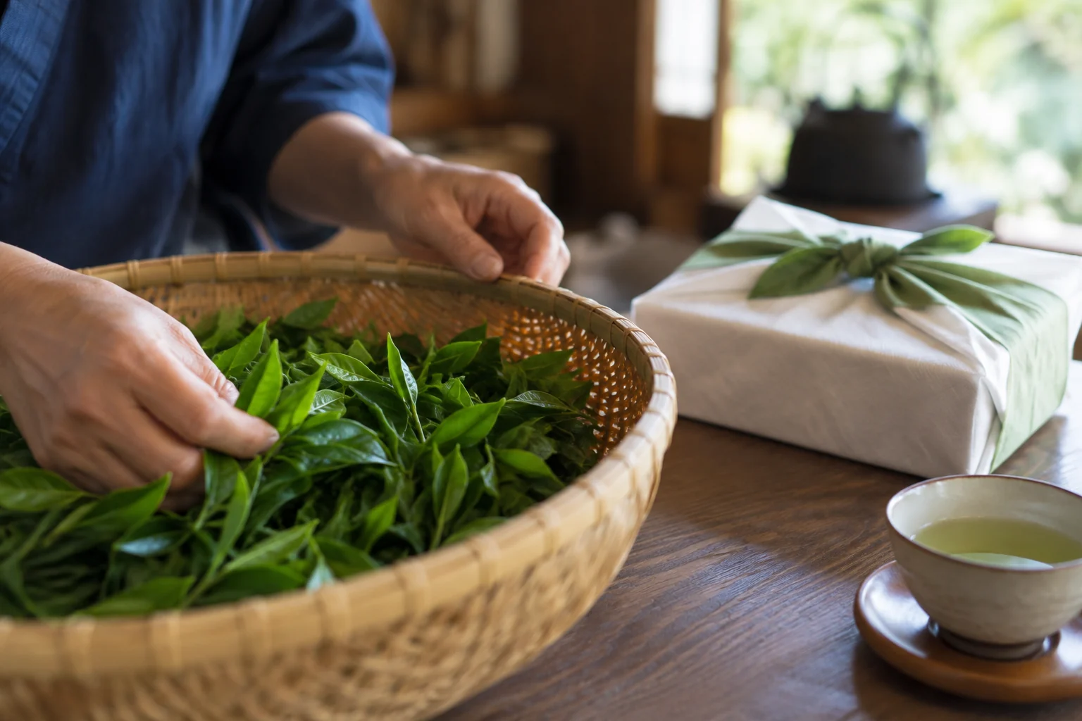 籠に集めた新鮮な茶葉