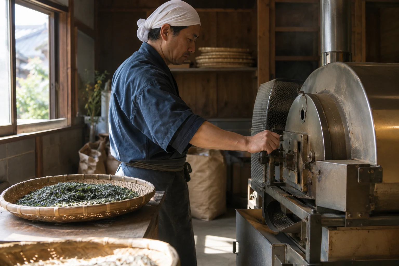 工房で茶葉の火入れをする担当者