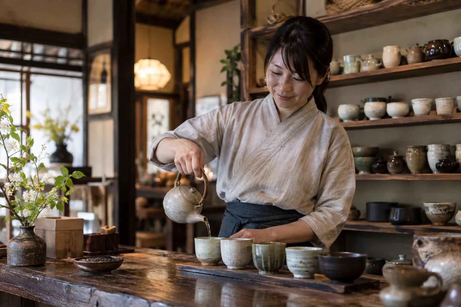 茶器と棚を置いた小さな茶房