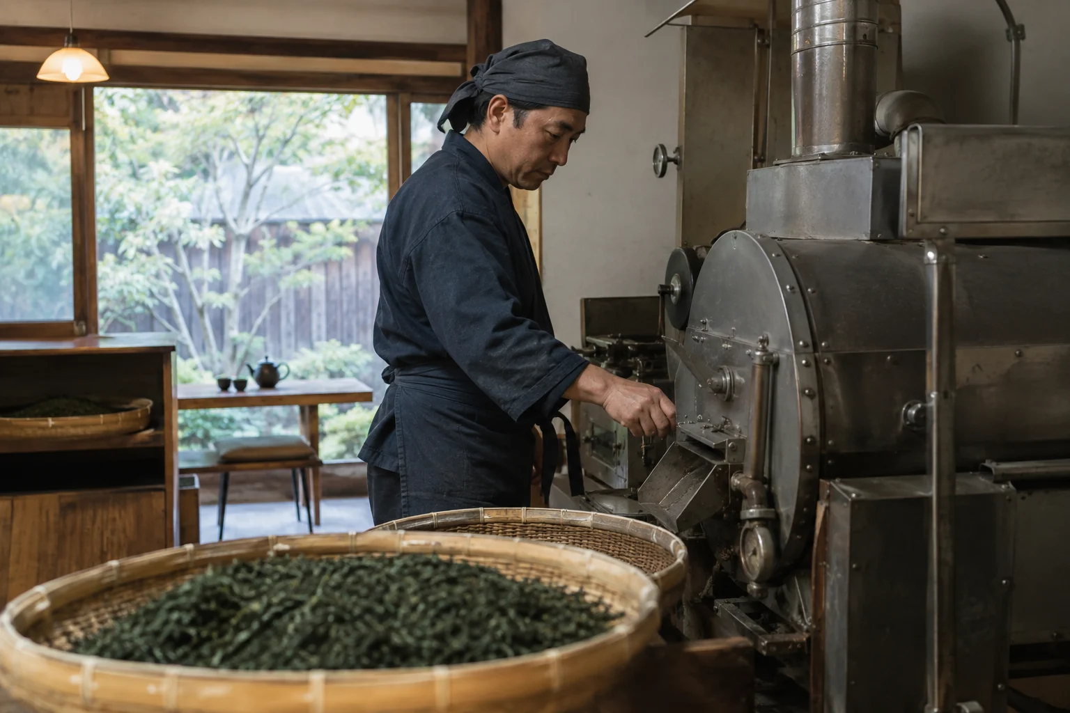 工房で茶葉の火入れをする担当者