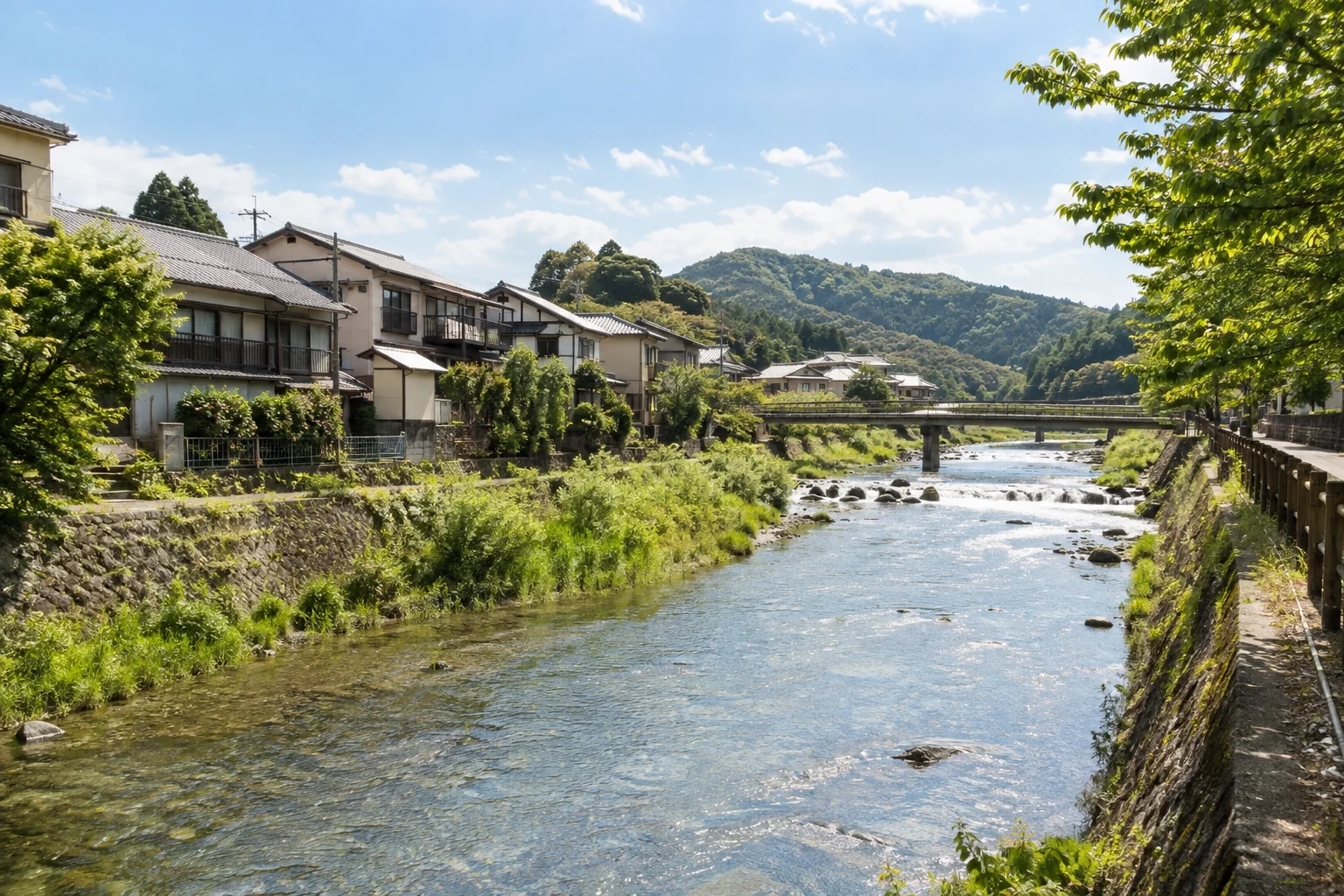 地域の川と低層の住宅