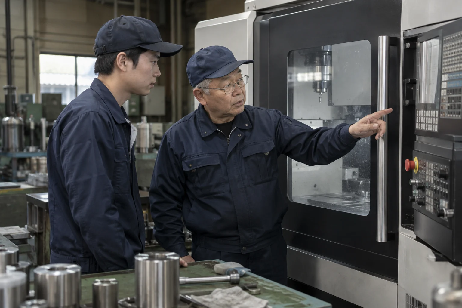 閉じた加工機のそばで後輩へ教える先輩
