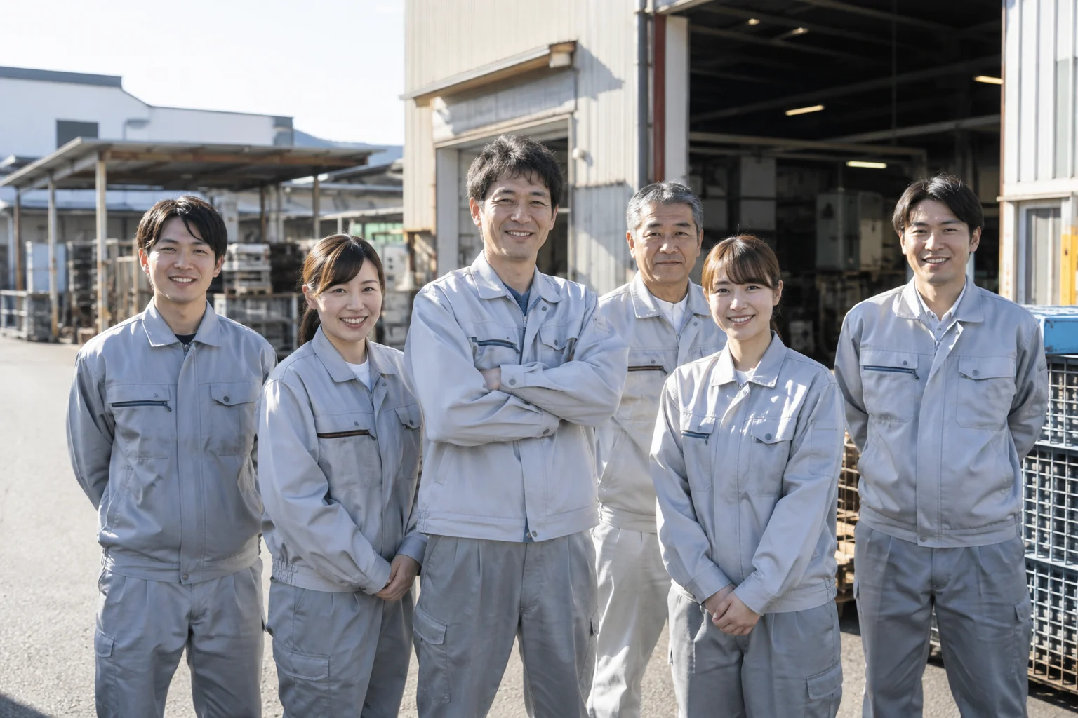 小さな工場の前に立つ加工チーム