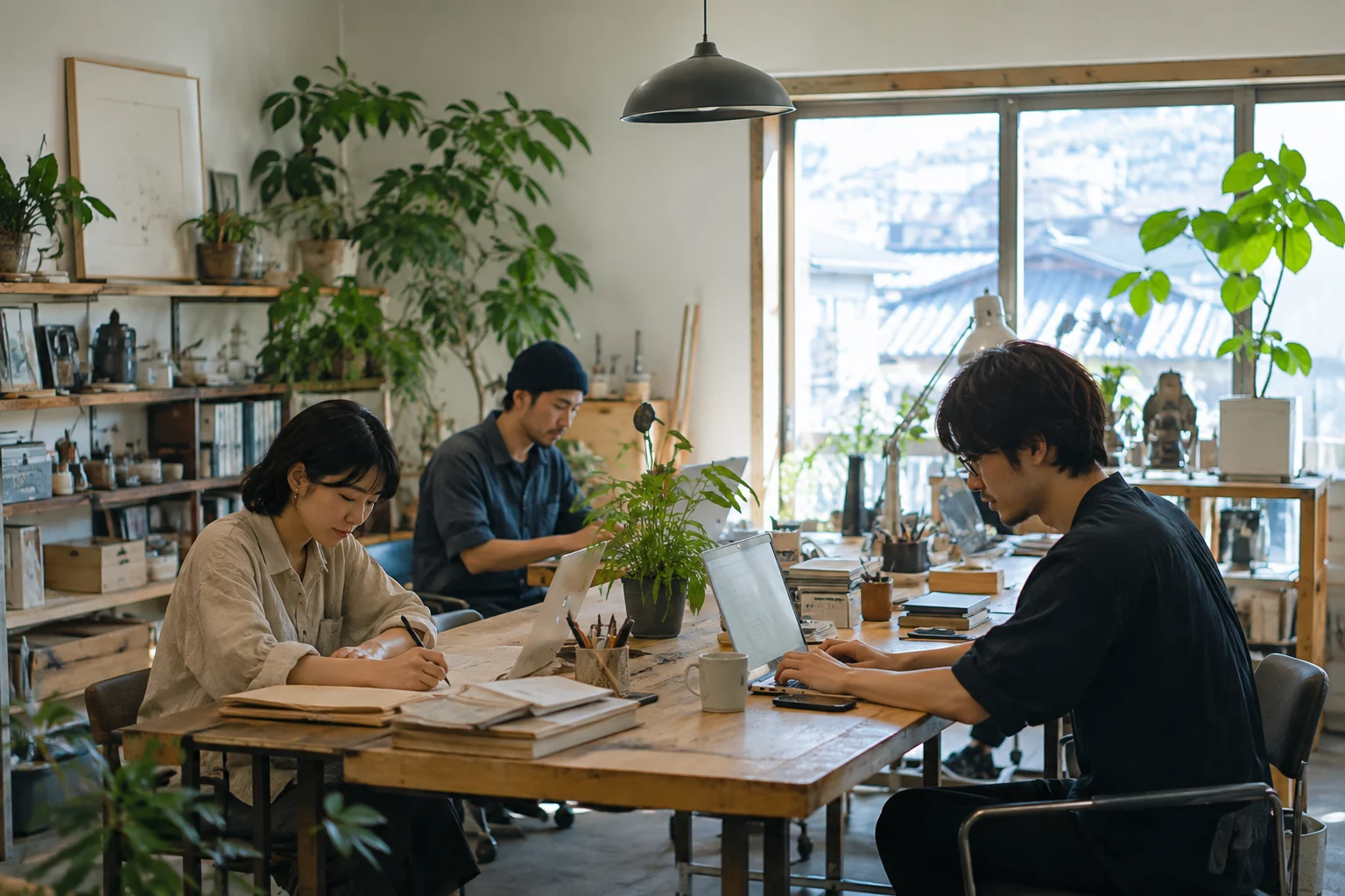 植物と共有机のある制作スタジオ