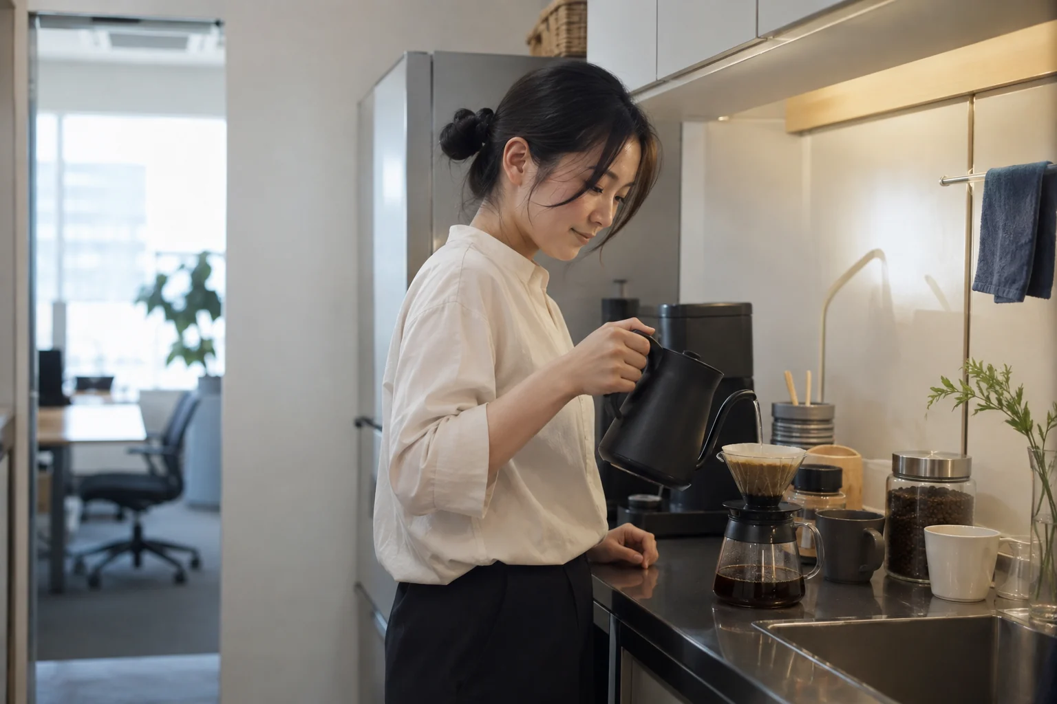 小さなオフィスでひと息つく社員